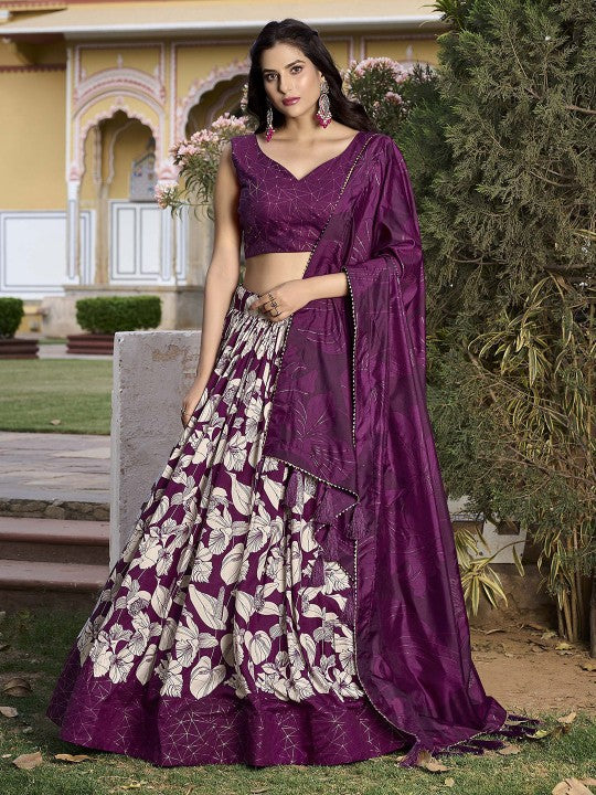 Printed Foil Print Semi-Stitched Lehenga & Unstitched Blouse With Dupatta