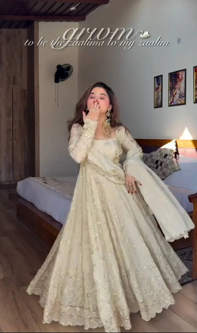 Off-White Chinon Silk Round Neck Anarkali Gown