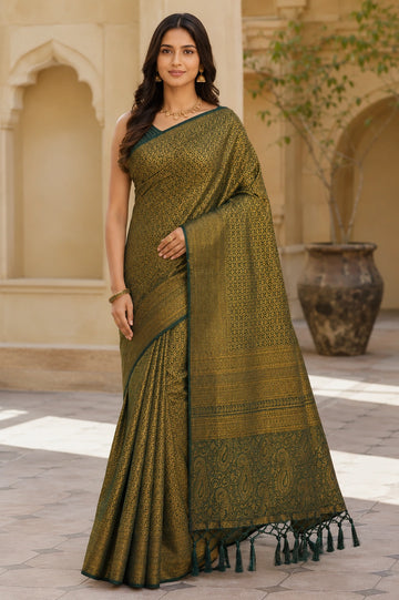 Forest Green Banarasi Style Soft Silk Saree with Gold Zari