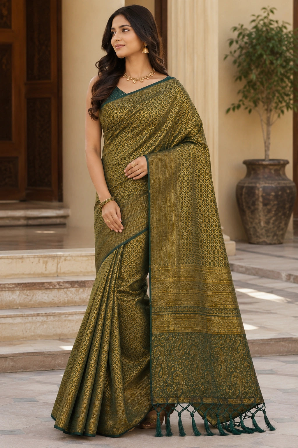 Forest Green Banarasi Style Soft Silk Saree with Gold Zari