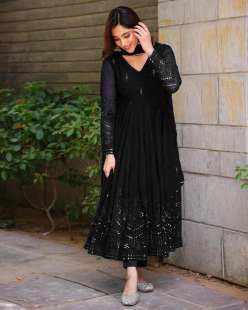 Black Embroidered Georgette Anarkali Suit Set