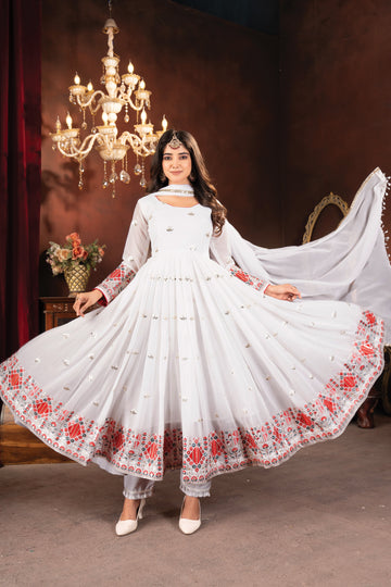 White & Pink Georgette Embroidered Anarkali Suit Set
