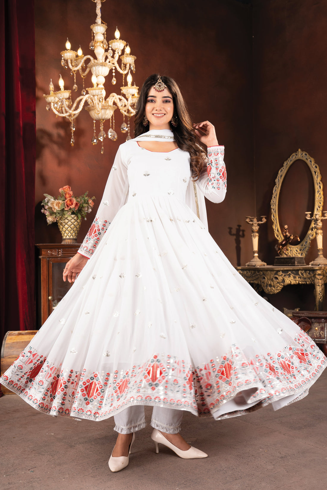 White & Pink Georgette Embroidered Anarkali Suit Set