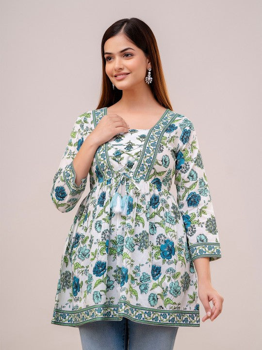 Floral Printed Square Neck Thread Work Pure Cotton A-line Kurti