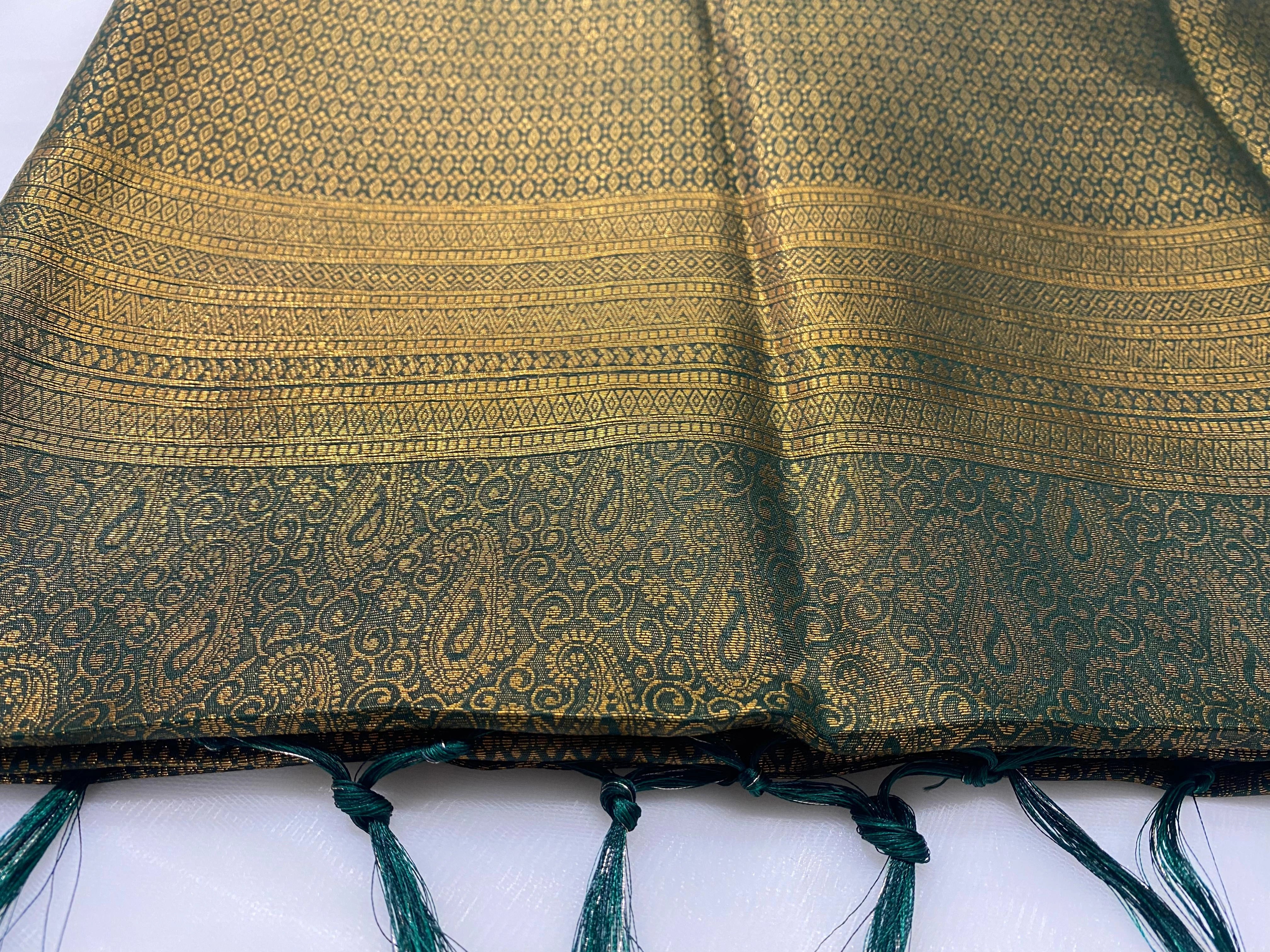 Forest Green Banarasi Style Soft Silk Saree with Gold Zari