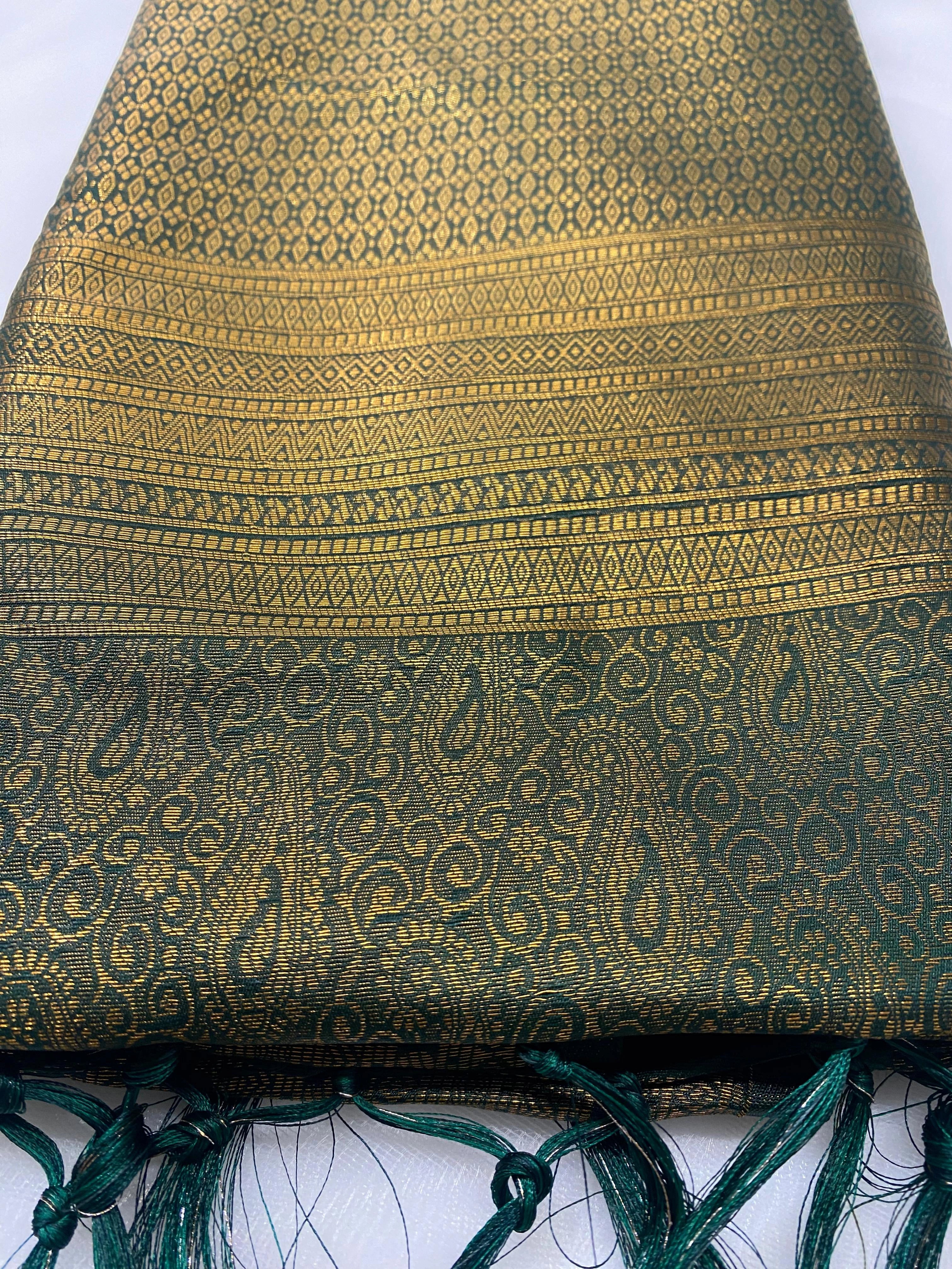 Forest Green Banarasi Style Soft Silk Saree with Gold Zari