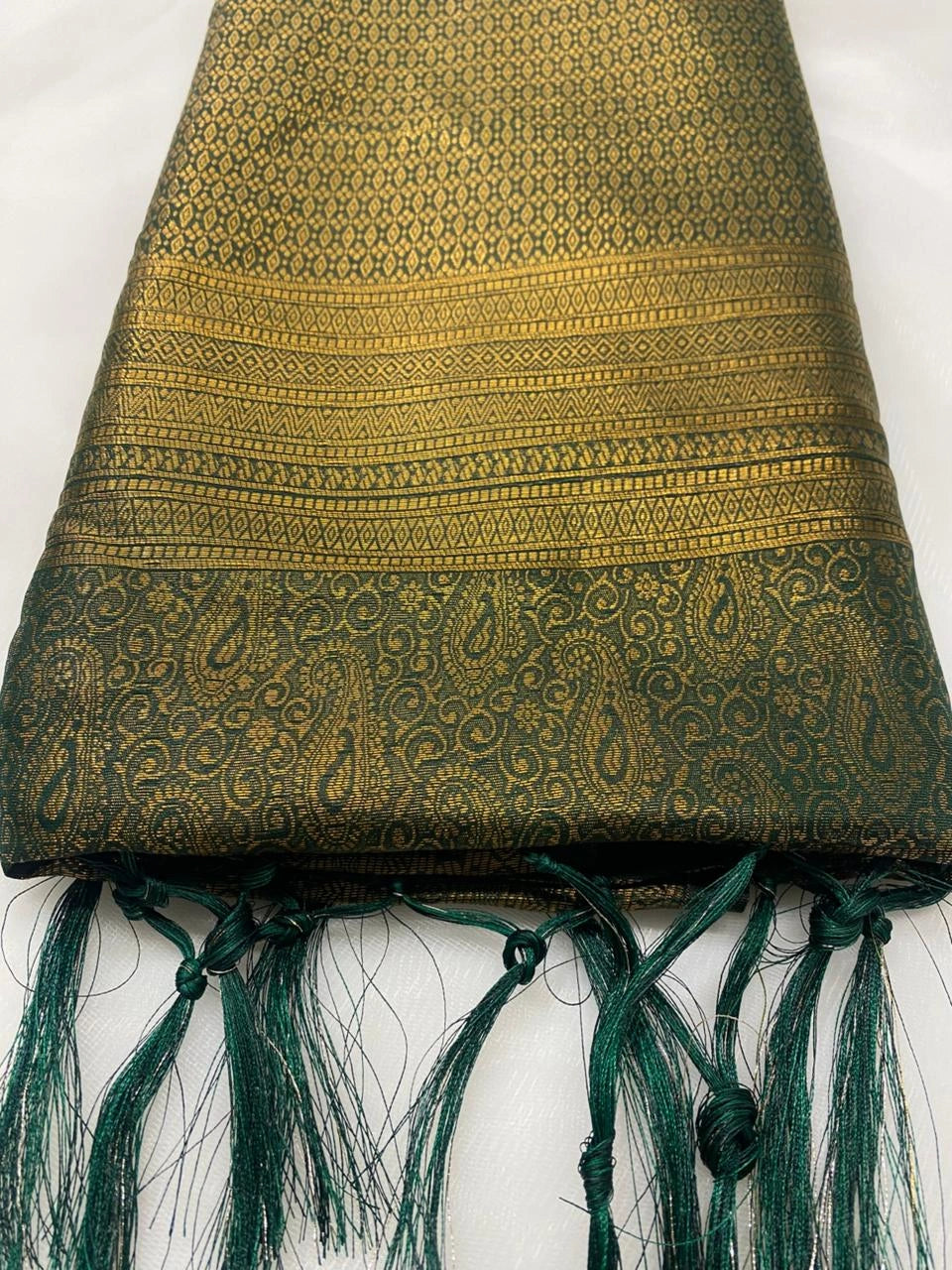 Forest Green Banarasi Style Soft Silk Saree with Gold Zari