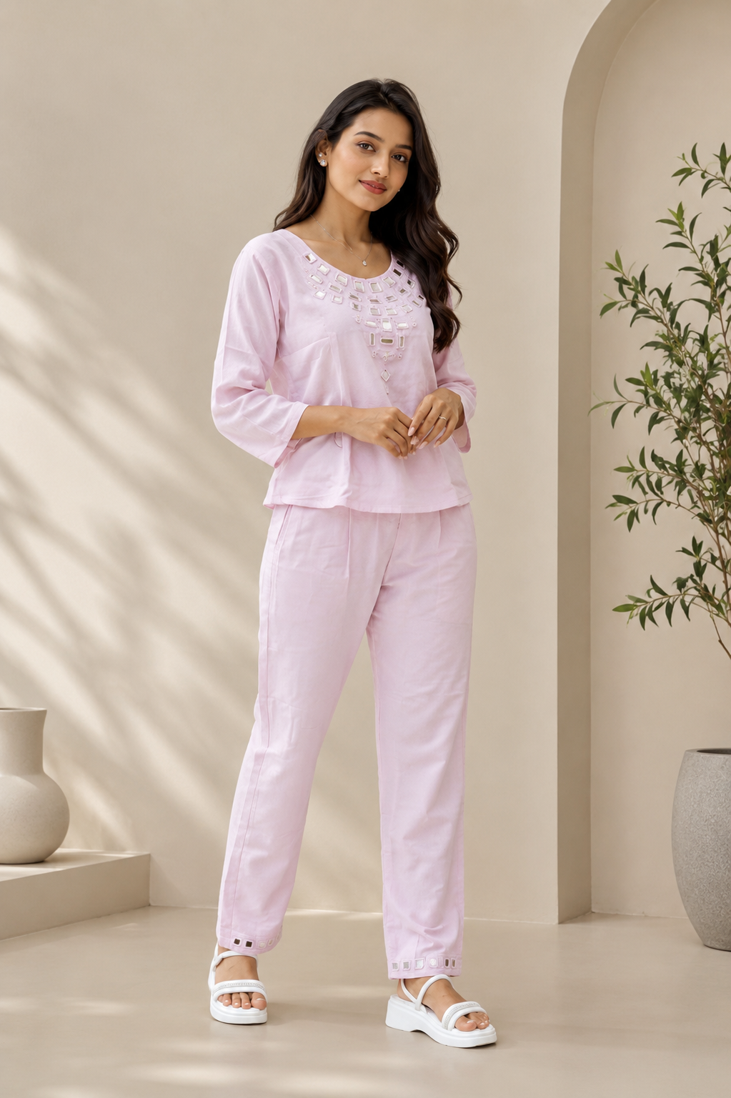 Pink Linen Embroidered Sleepwear Set for Women