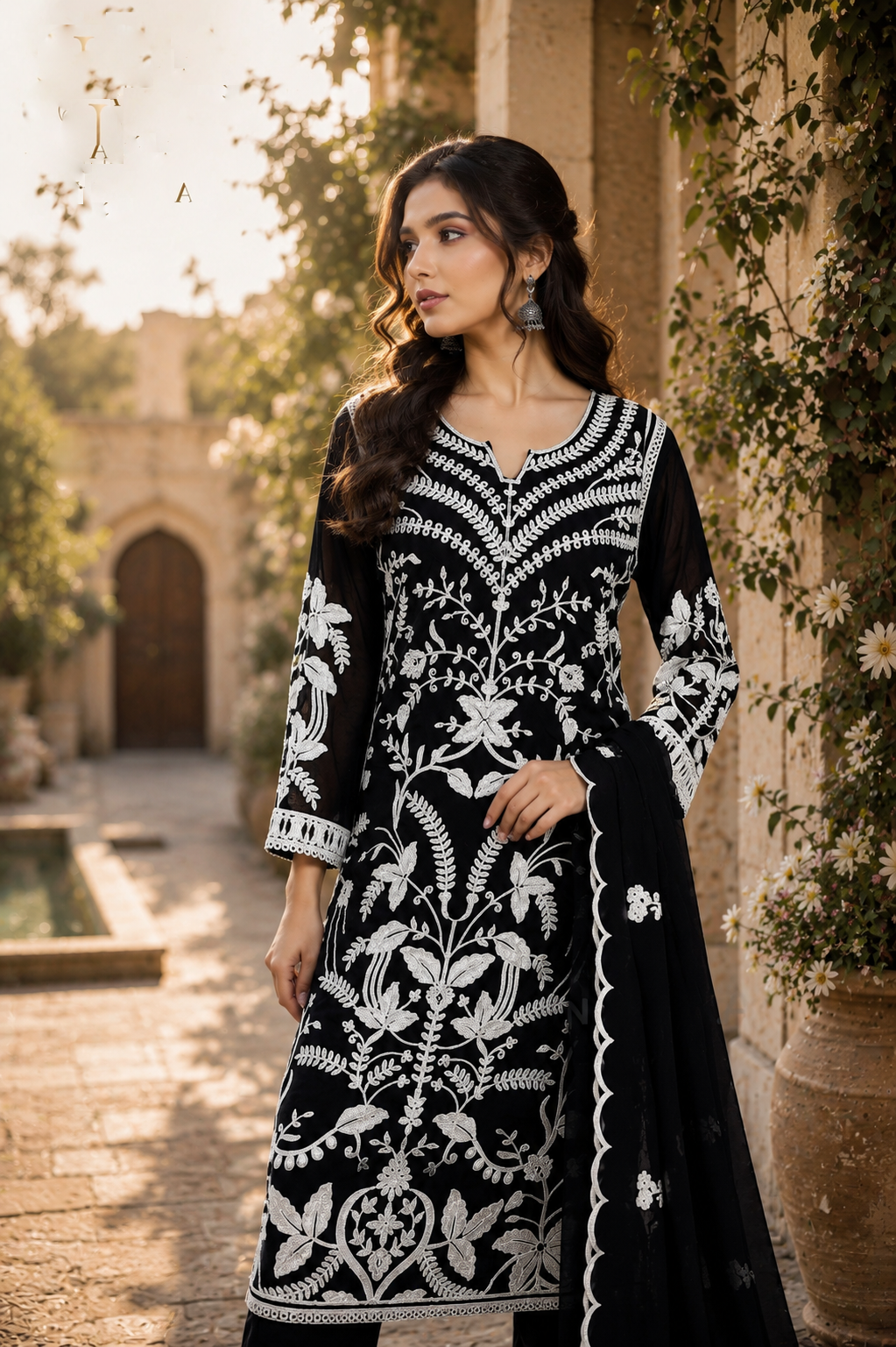 Black Embroidered Ethnic Suit Set With Dupatta