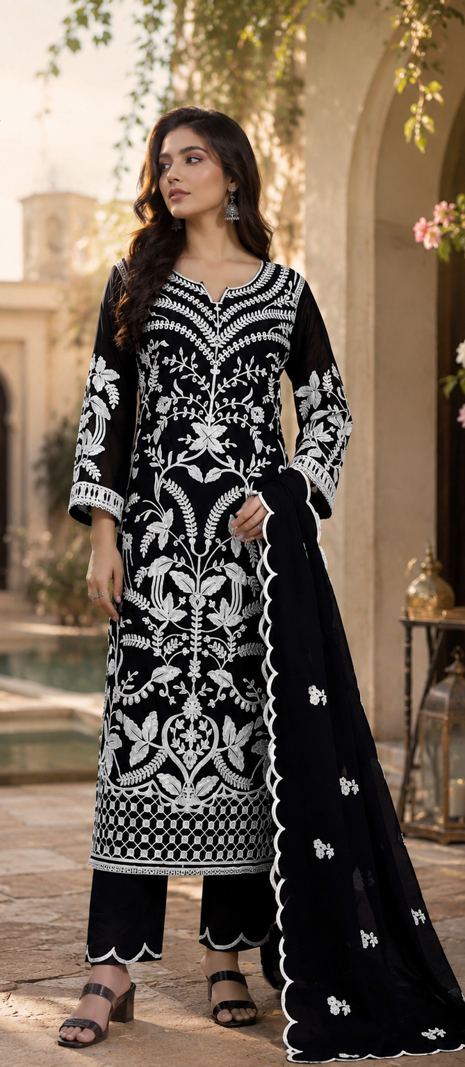 Black Embroidered Ethnic Suit Set With Dupatta