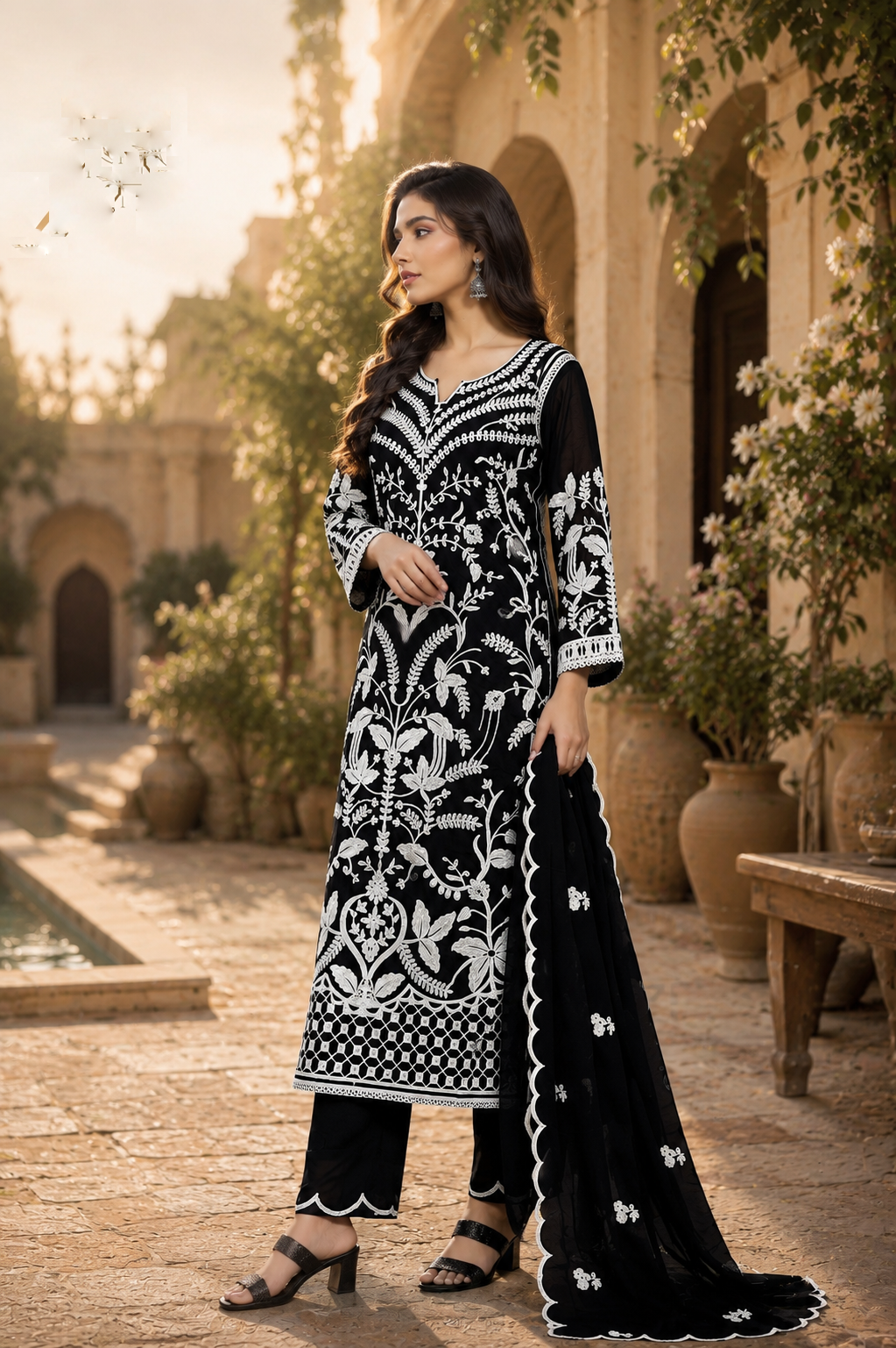 Black Embroidered Ethnic Suit Set With Dupatta