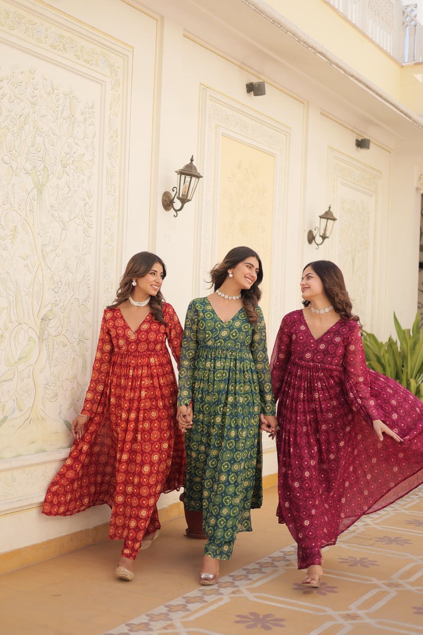 Dashing Faux Georgette Foil Printed Fully Stitched Top Pant Suit