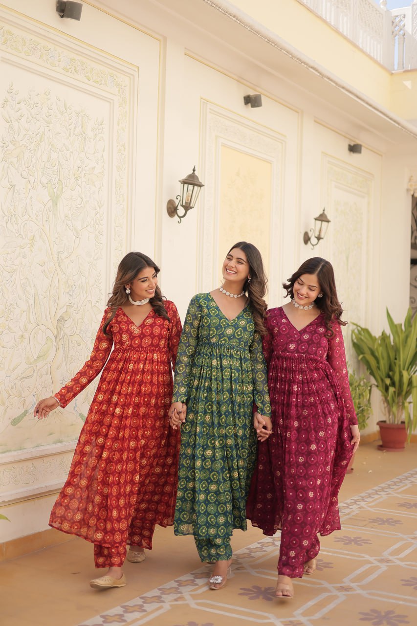 Dashing Faux Georgette Foil Printed Fully Stitched Top Pant Suit