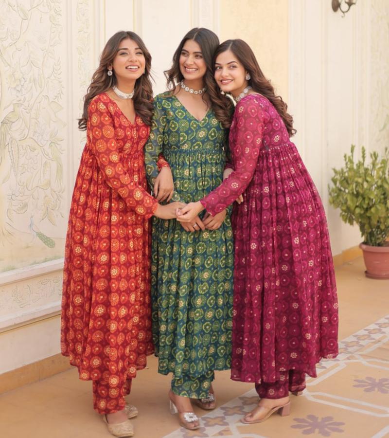 Dashing Faux Georgette Foil Printed Fully Stitched Top Pant Suit