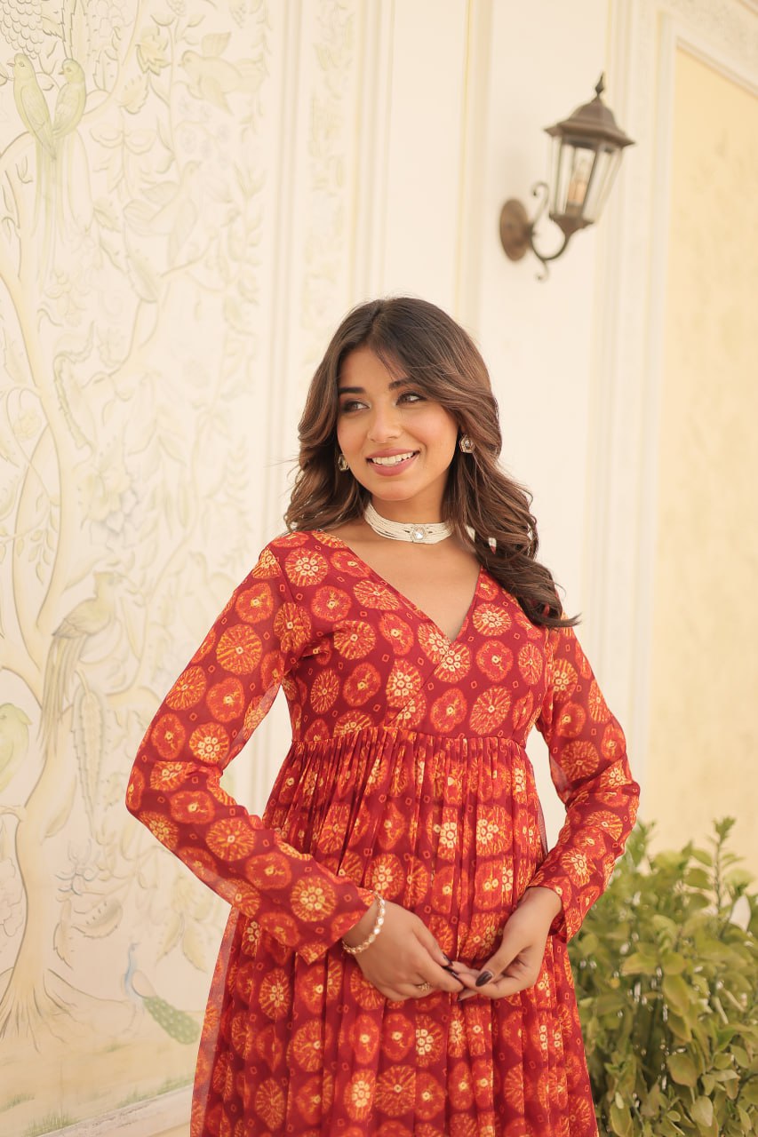 Dashing Faux Georgette Foil Printed Fully Stitched Top Pant Suit