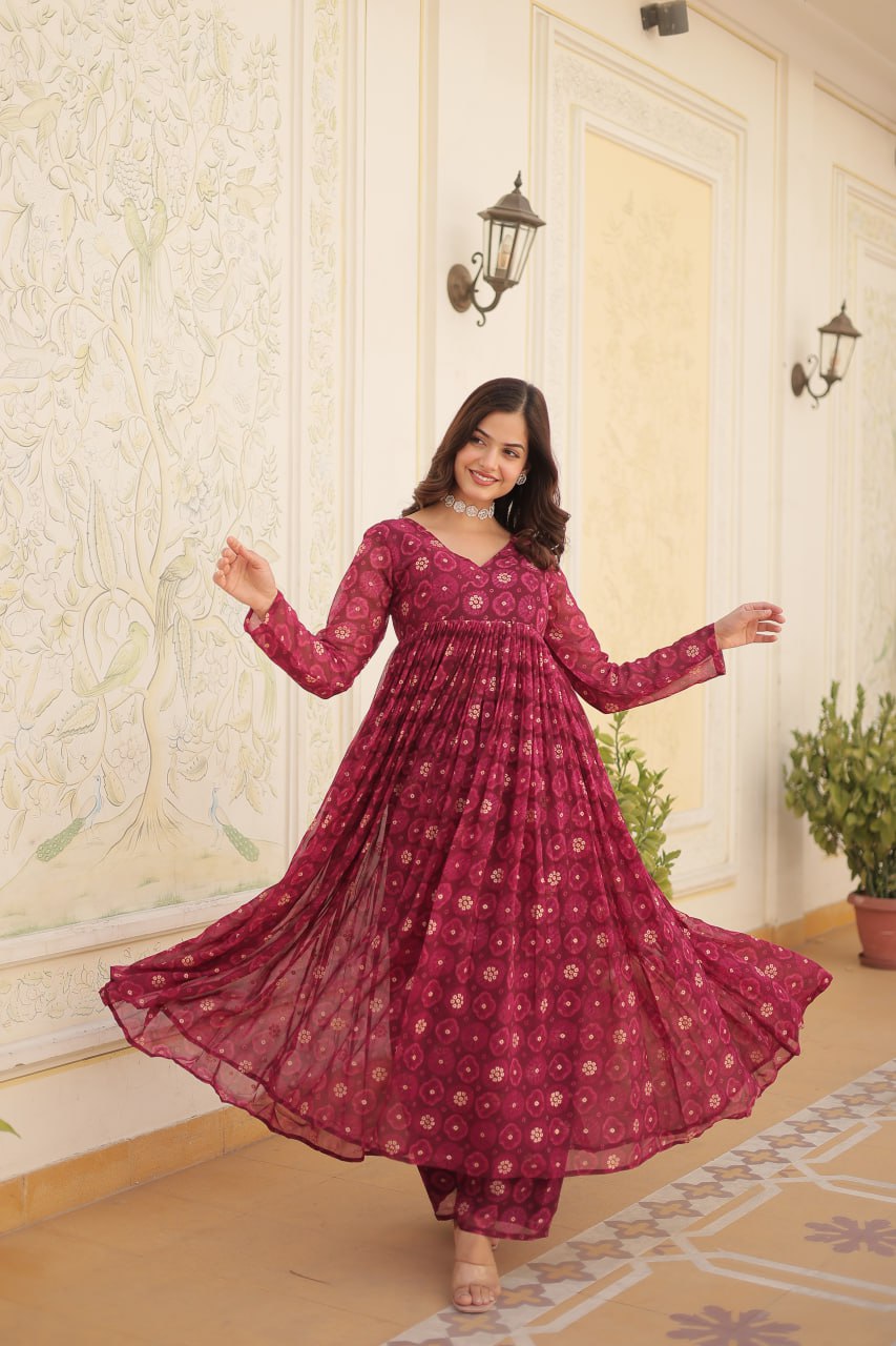 Dashing Faux Georgette Foil Printed Fully Stitched Top Pant Suit