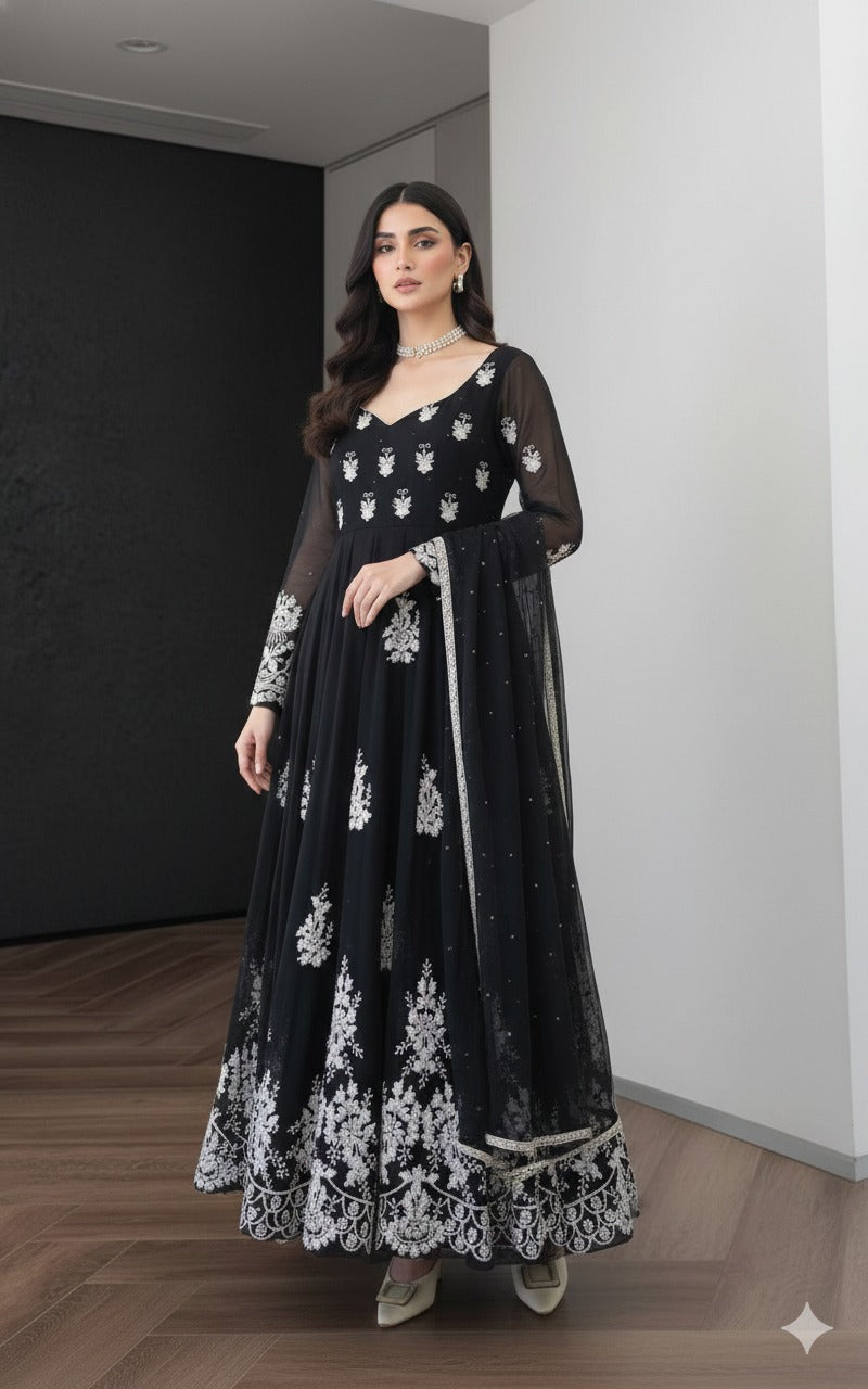 Womens Black Anarkali Suit Set With White Floral Embroidery