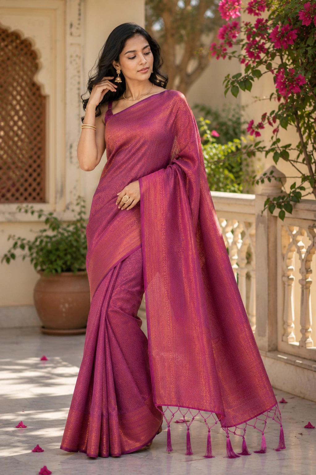 Magenta Purple Banarasi Style Soft Silk Saree with Zari Weave