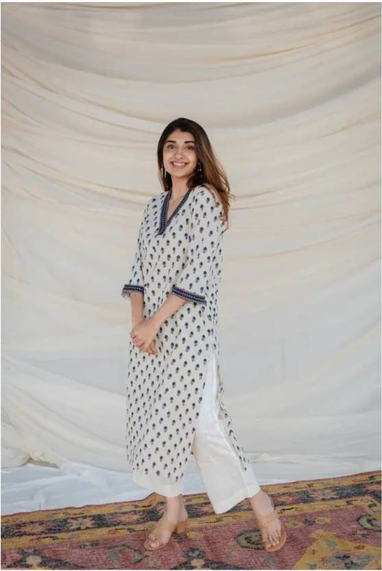 Women Printed Viscose Rayon Straight Kurta  (White)