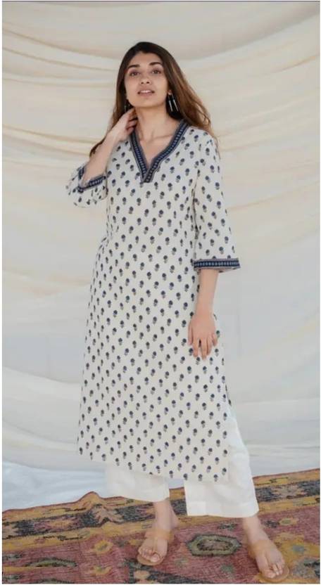 Women Printed Viscose Rayon Straight Kurta  (White)
