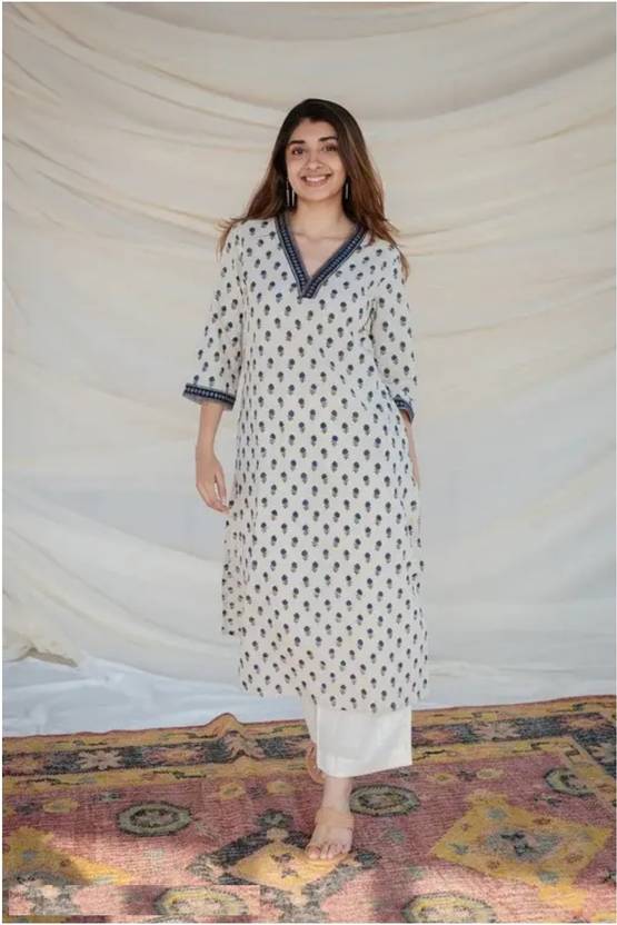 Women Printed Viscose Rayon Straight Kurta  (White)