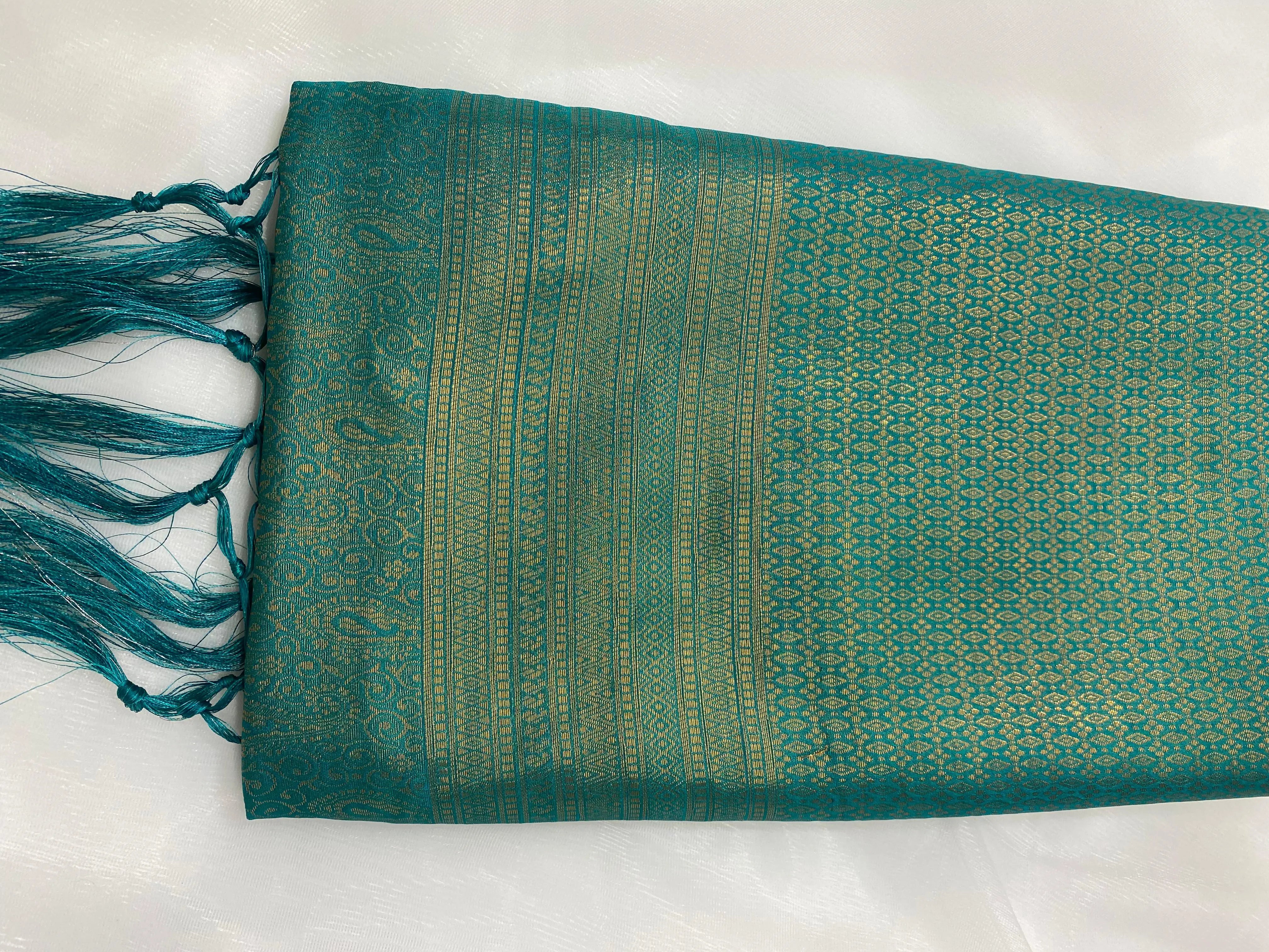 Teal Blue Banarasi Style Soft Silk Saree with Zari Weave