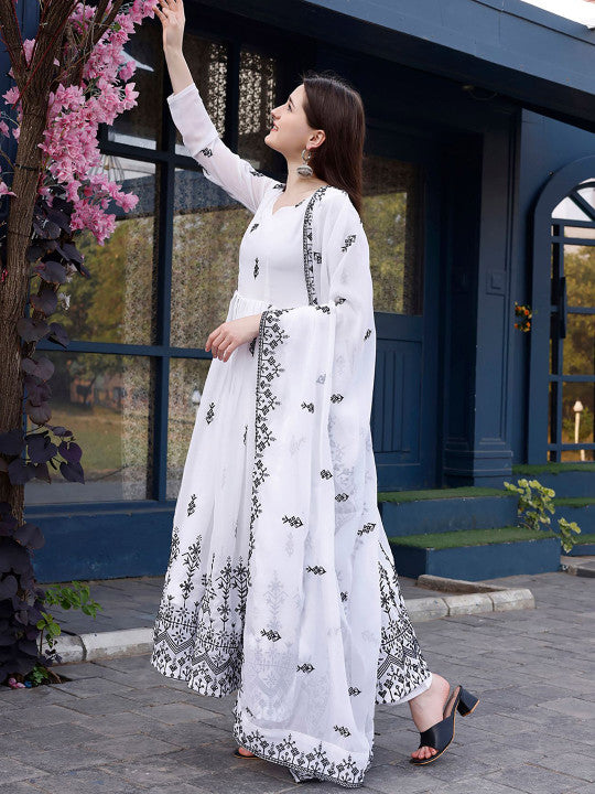 White Embroidered Anarkali Suit Set With Dupatta