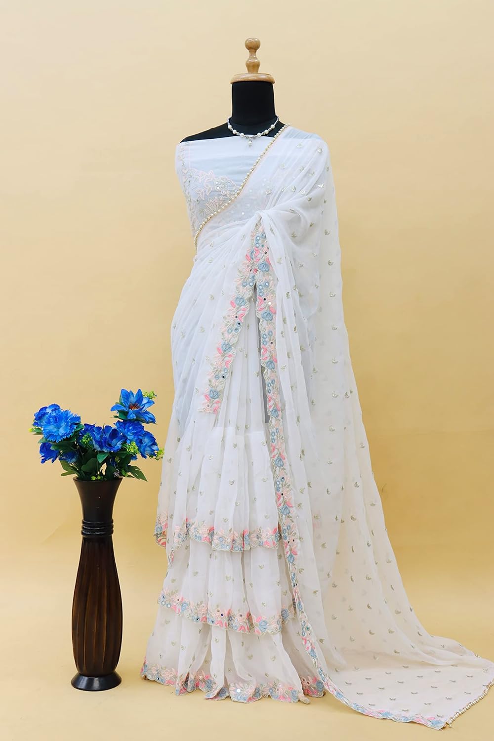 White Color Party Wear Heavy Ruffle Celebrity Saree