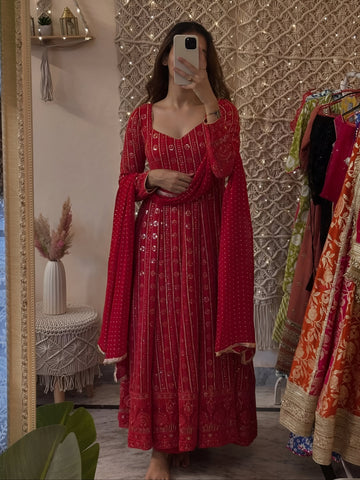 Red Lucknowi Faux Blooming Sequin Embroidered Anarkali Suit Set