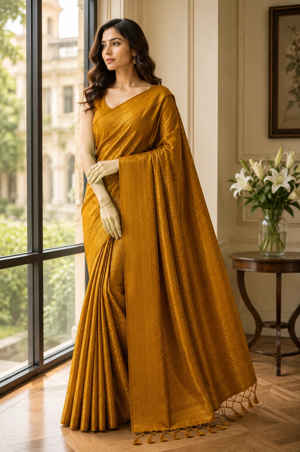Golden Mustard Banarasi Style Soft Silk Saree with Zari Weave