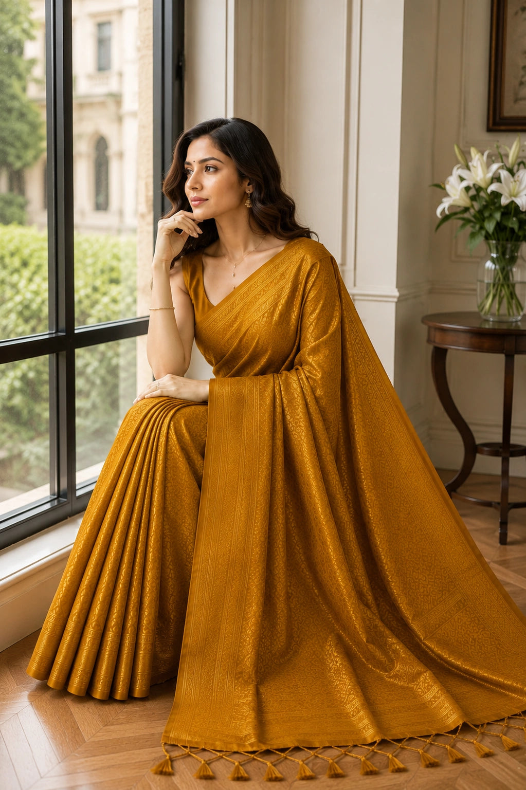 Golden Mustard Banarasi Style Soft Silk Saree with Zari Weave