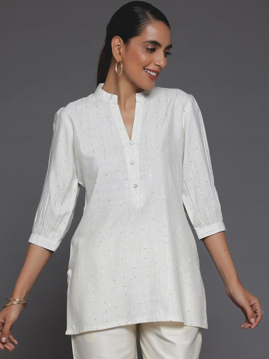 Striped Mandarin Collar Cuffed Sleeves Sequined Straight Kurti