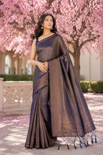Navy Blue Banarasi Style Soft Silk Saree with Gold Zari