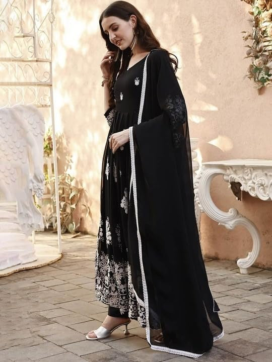 Womens Black Anarkali Suit Set With White Floral Embroidery