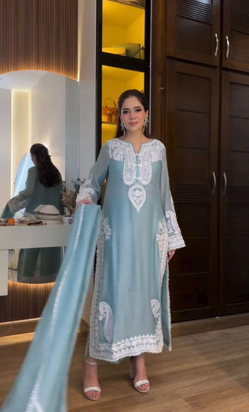 Sky Blue Embroidered Georgette Kurta Set With White Lace Detailing