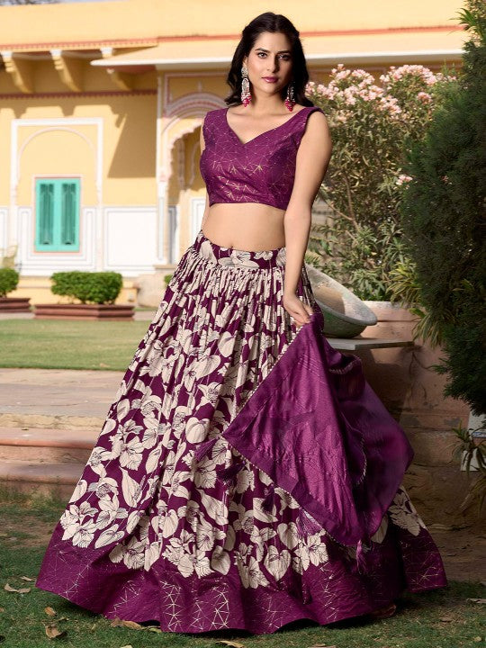 Printed Foil Print Semi-Stitched Lehenga & Unstitched Blouse With Dupatta