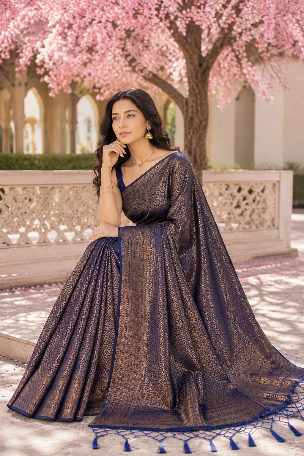 Navy Blue Banarasi Style Soft Silk Saree with Gold Zari