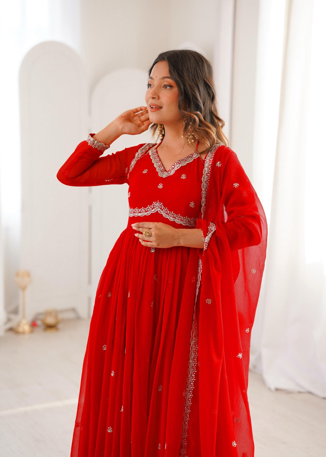 Red Georgette Anarkali Suit Set With Embroidered Dupatta
