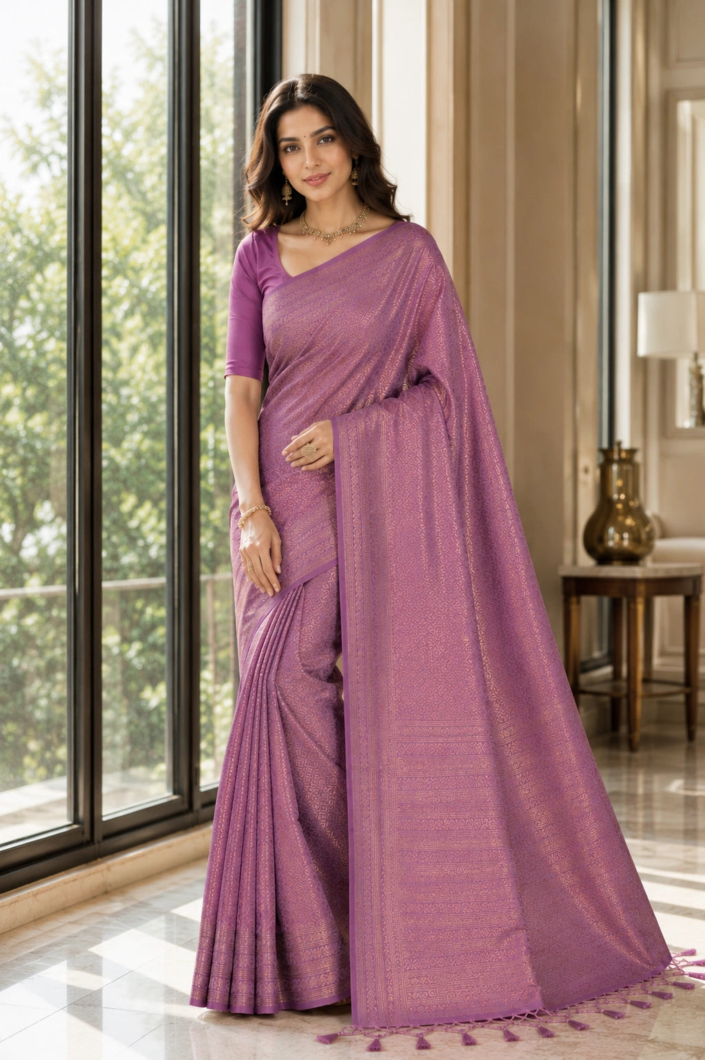Lavender Purple Banarasi Style Soft Silk Saree with Zari Weave