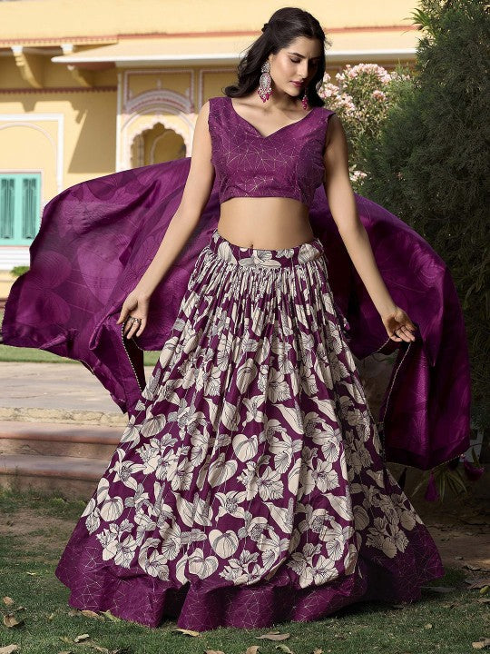 Printed Foil Print Semi-Stitched Lehenga & Unstitched Blouse With Dupatta
