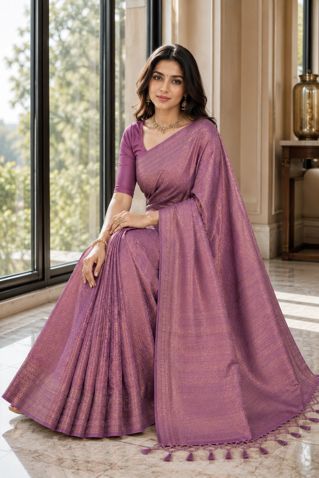 Lavender Purple Banarasi Style Soft Silk Saree with Zari Weave
