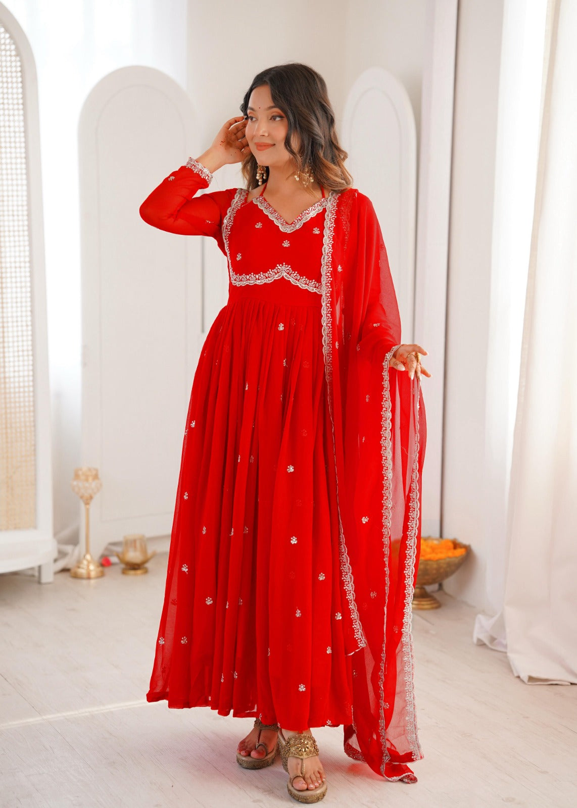 Red Georgette Anarkali Suit Set With Embroidered Dupatta