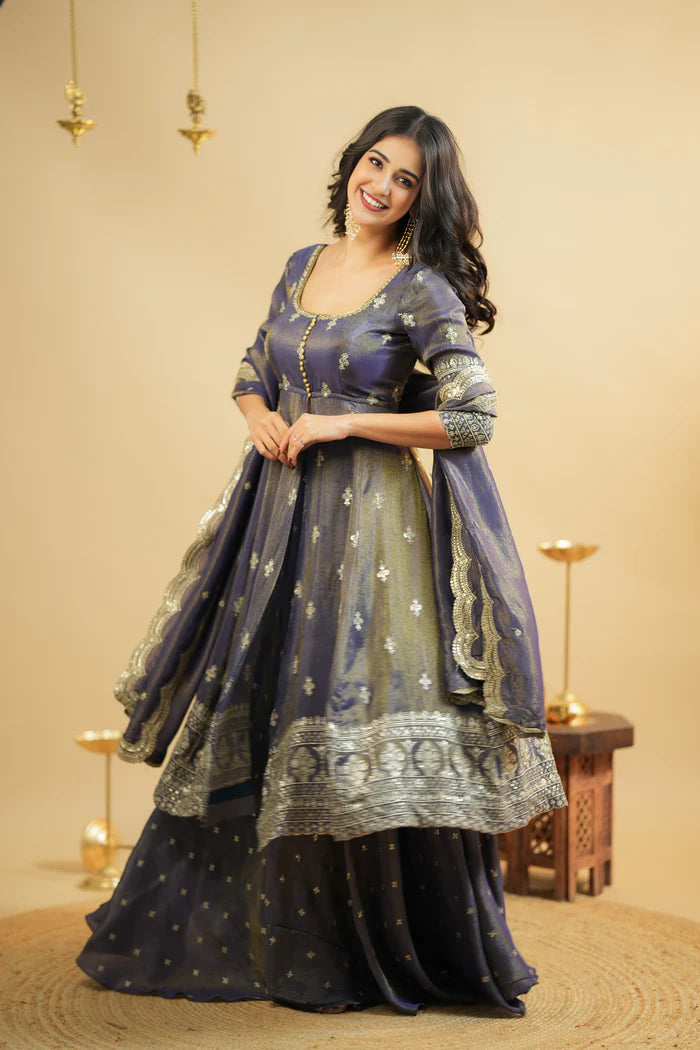 Saakshi`s Grey Cosmo Slik Anarkali Suit With Skirt