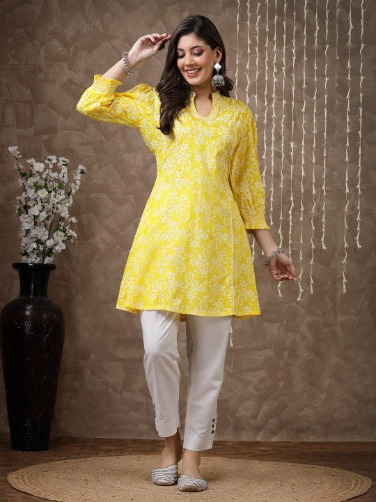 Yellow Floral Printed Thread Work Thread Work Kurti