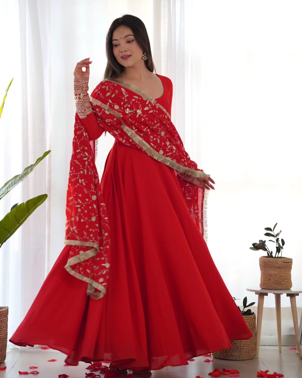 Red Faux Georgette Anarkali Gown Set