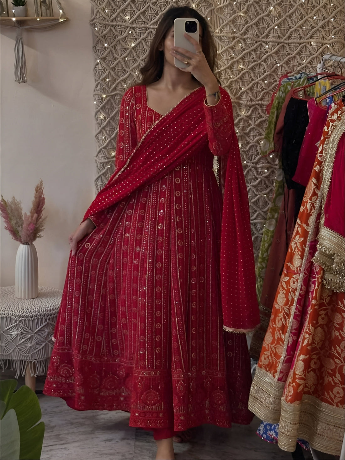 Red Lucknowi Faux Blooming Sequin Embroidered Anarkali Suit Set