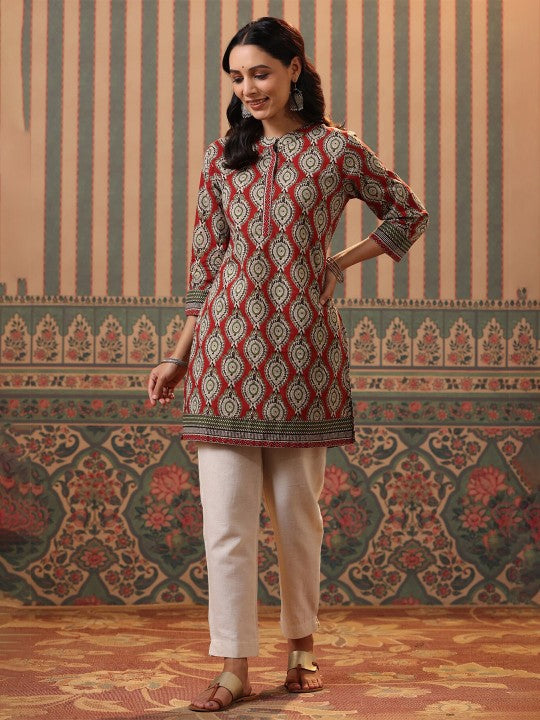 Red & Beige Ethnic Motifs Printed Pure Cotton Kurti