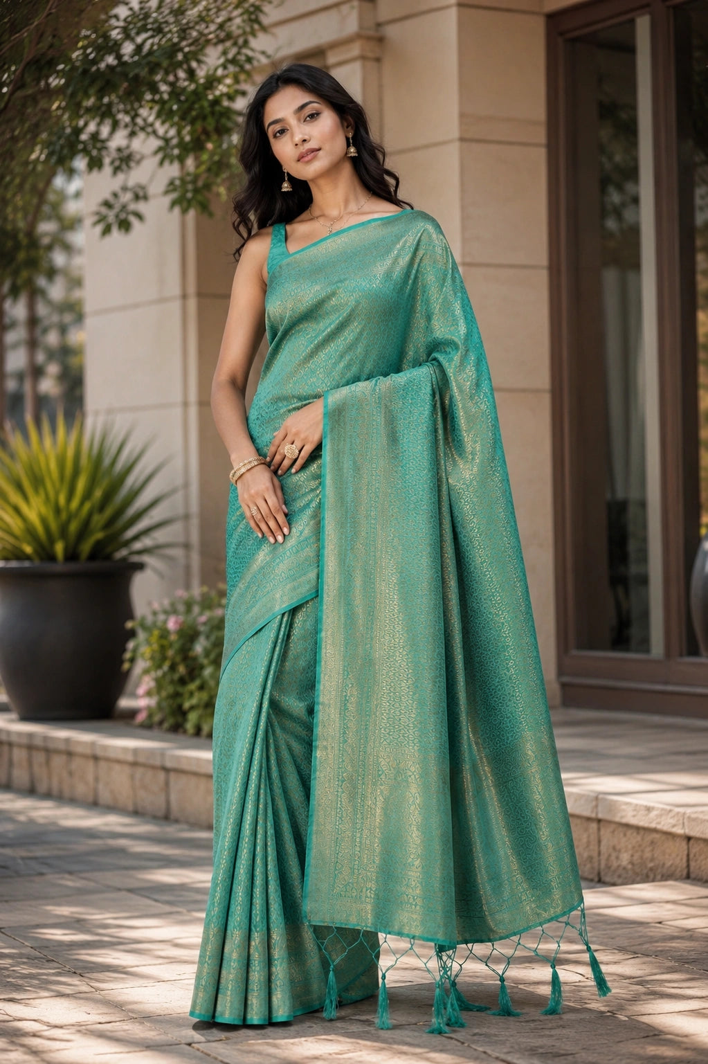 Sea Green Banarasi Style Soft Silk Saree with Gold Zari