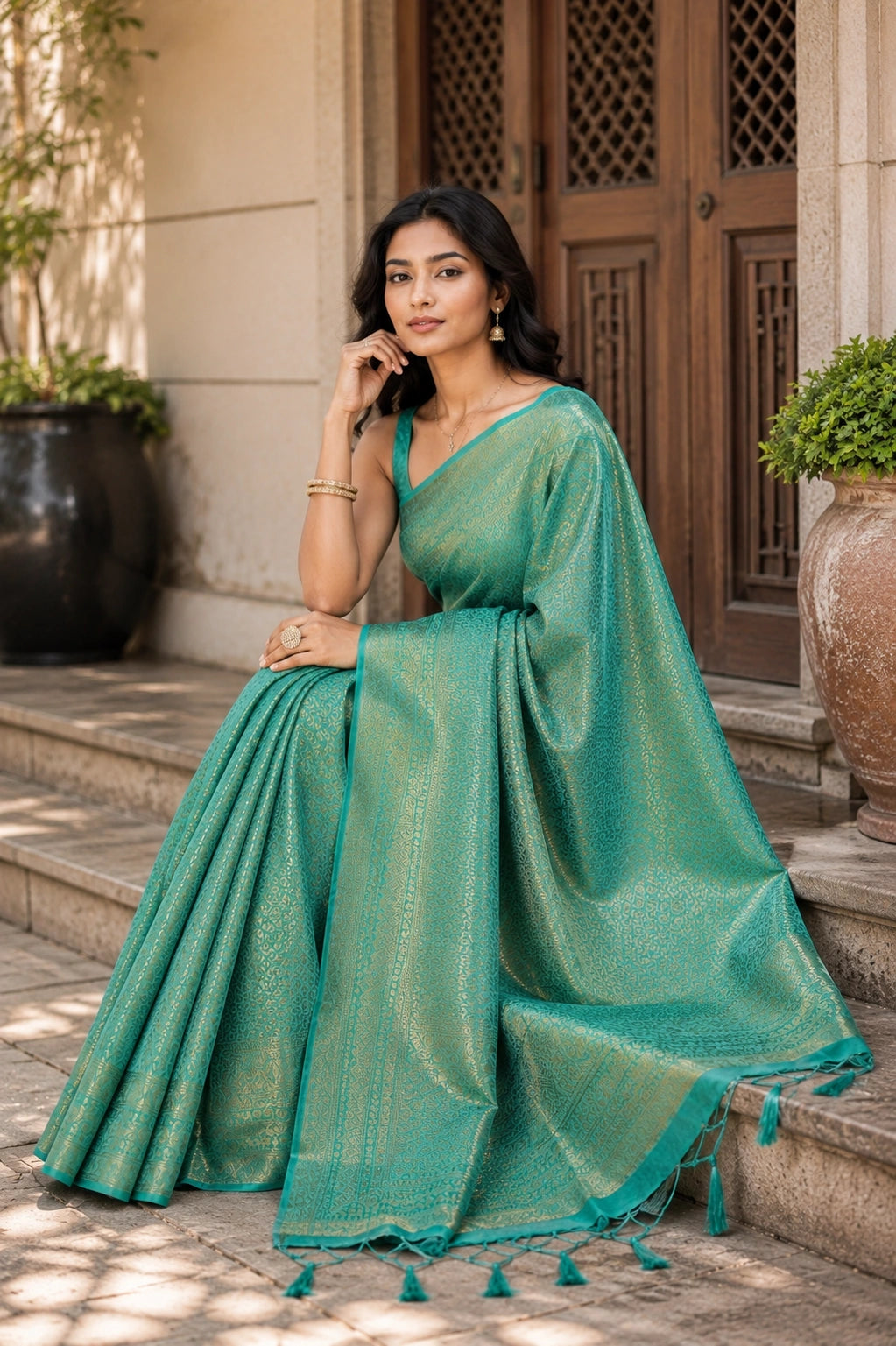 Sea Green Banarasi Style Soft Silk Saree with Gold Zari