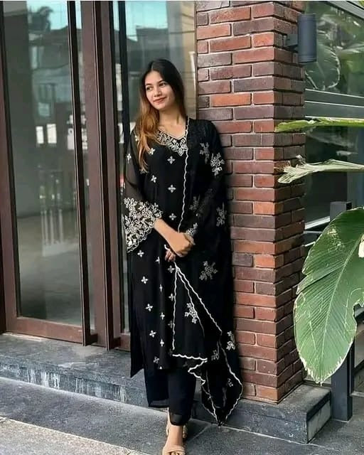 Black Embroidered Georgette Suit Set With Dupatta